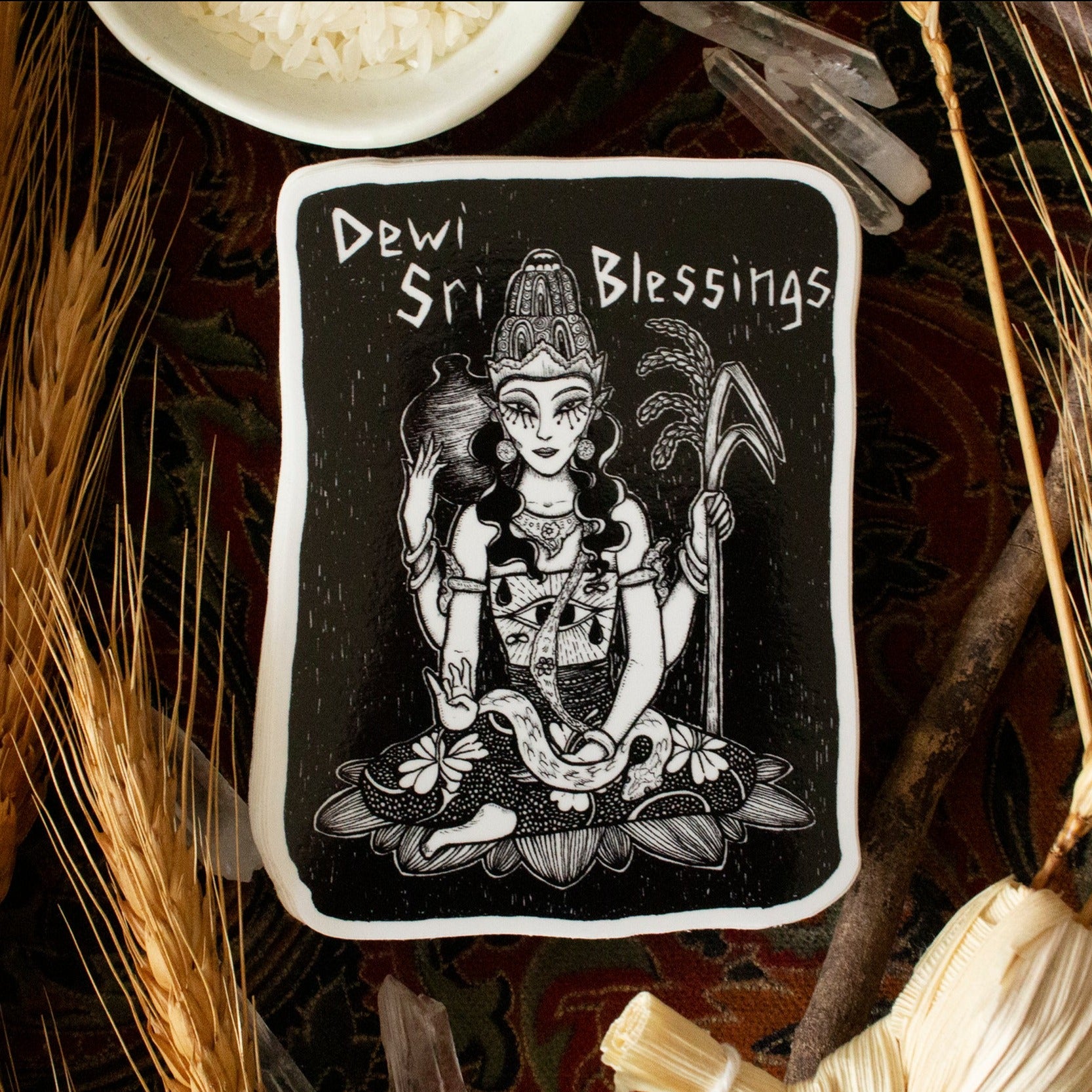 Dewi Sri Blessings vinyl sticker surrounded by grains