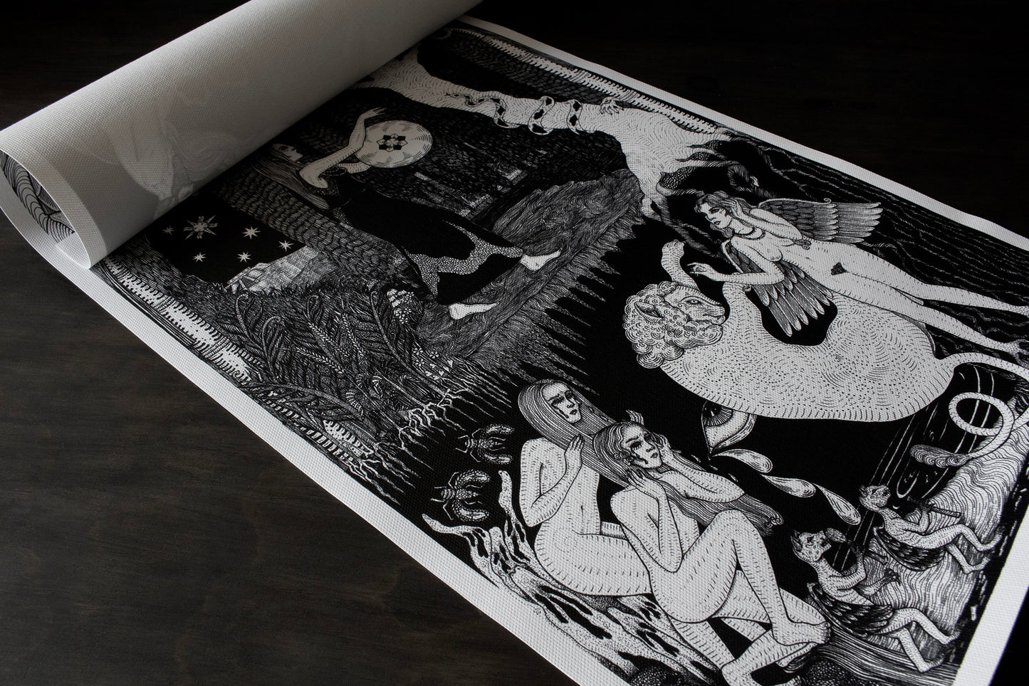 Black and white illustration of Inanna Sumerian goddess, printed on rolled up canvas