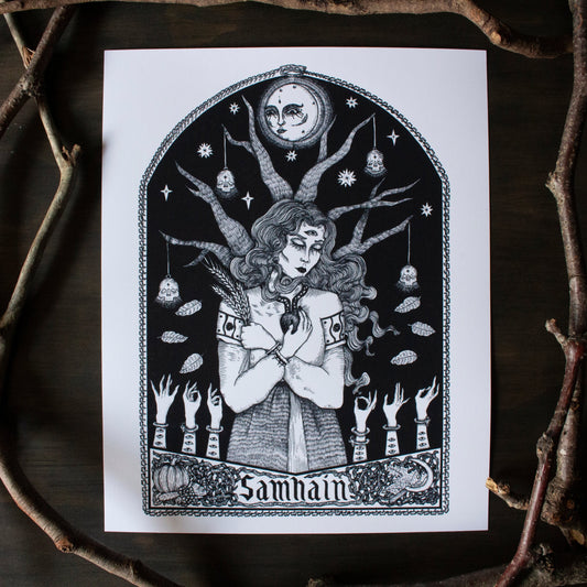 A woman holding an apple and wheat. The word Samhain at the bottom