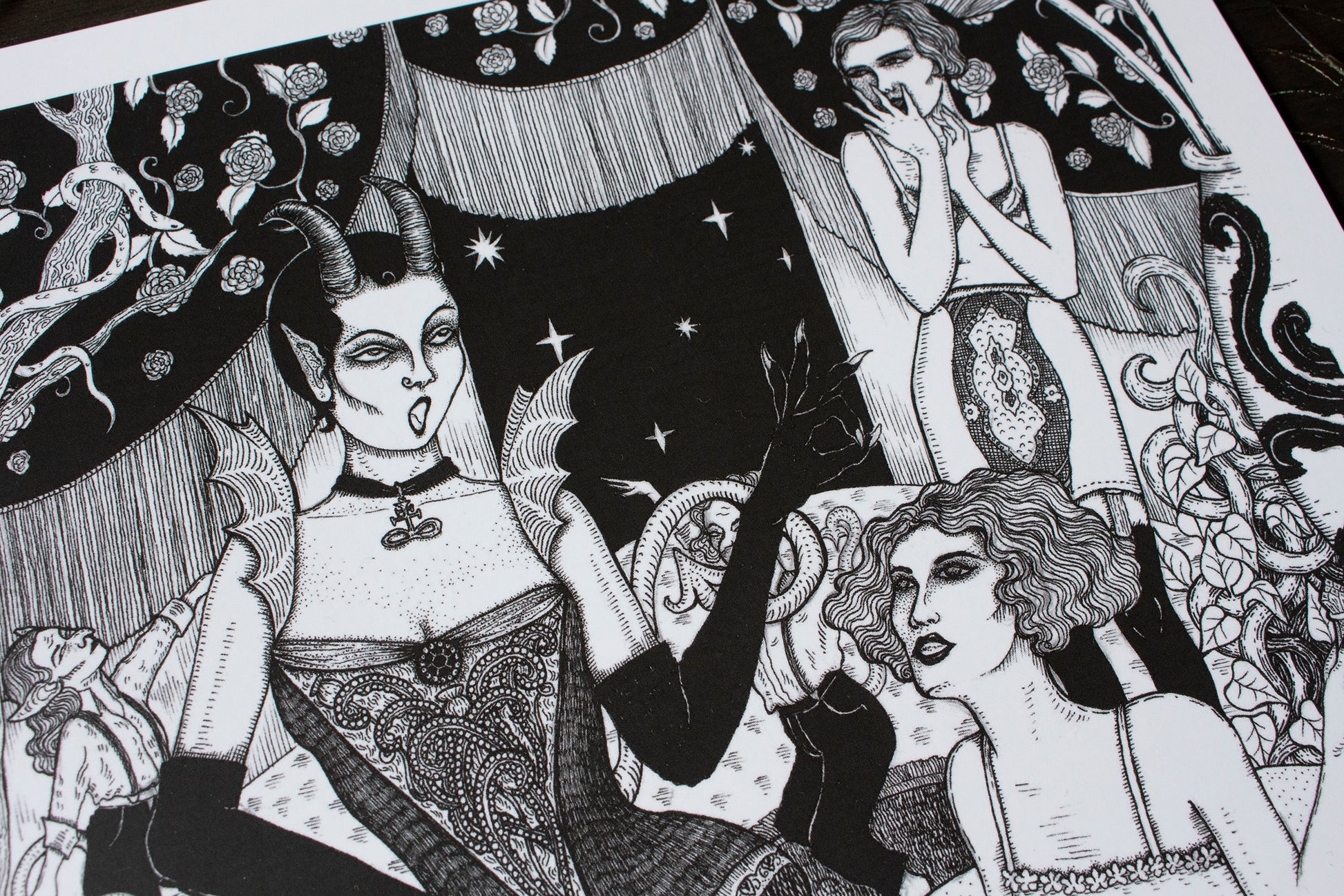 The devil in my boudoir art print detail focusing on the girls